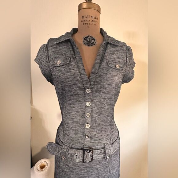 Guess Marl Gray Short Sleeve V neck button down Mini Dress size Large - Picture 1 of 13